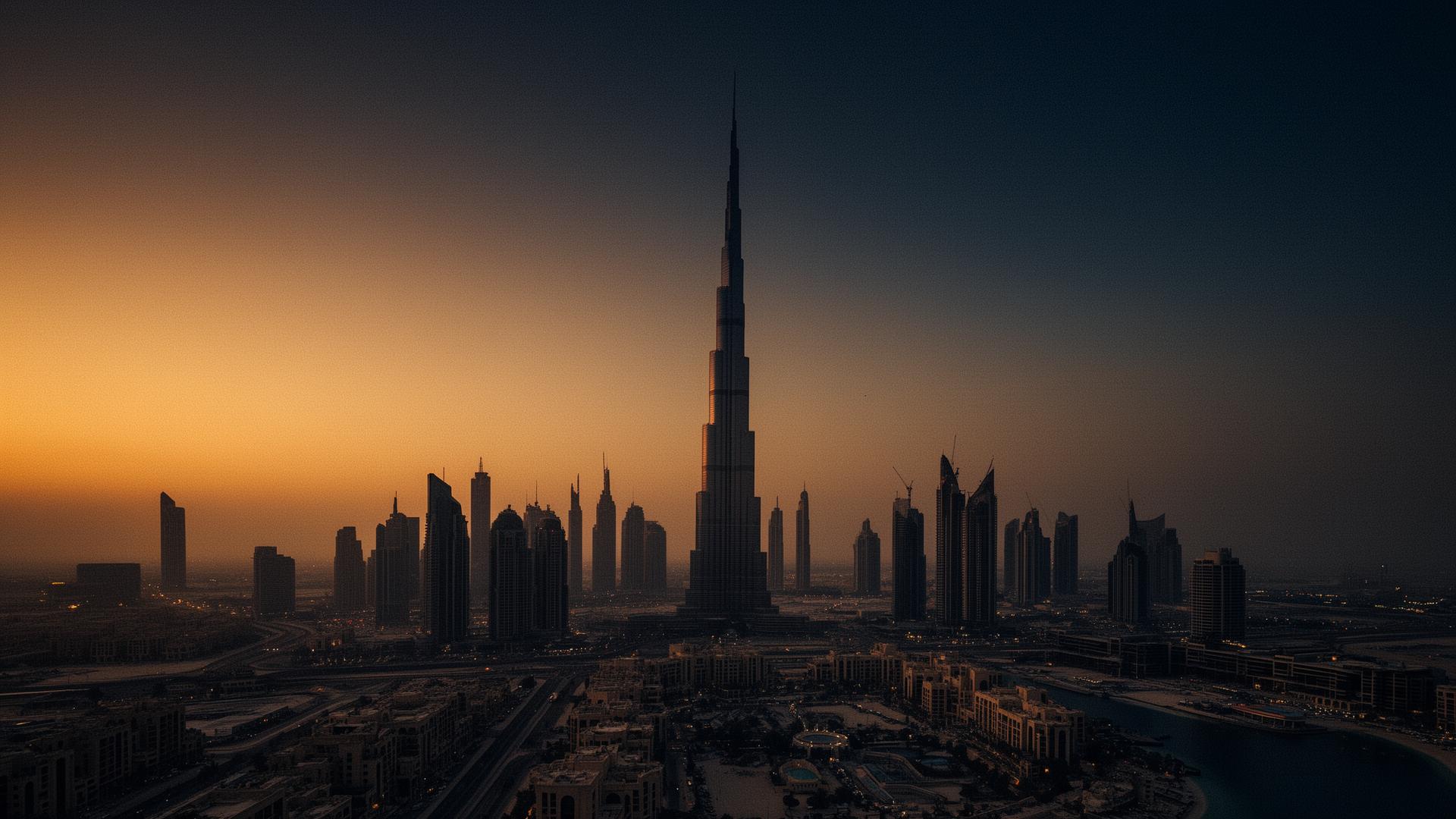Dubai skyline at golden hour with Burj Khalifa